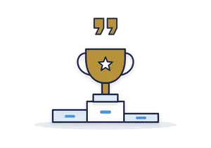 Gold trophy on the top step of a winners' podium, under gold quotation marks