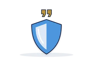 Blue shield under gold quotation marks