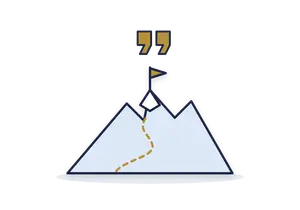 Mountain with a dotted gold trail up to a flag on the peak, under gold quotation marks
