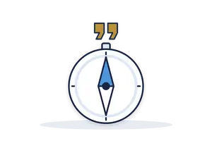 Compass pointing north with gold quotation marks above it