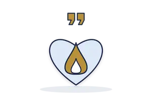 Gold flame inside a heart, under gold quotation marks