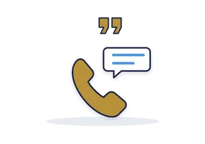 Gold telephone handset beside a speech bubble, under gold quotation marks