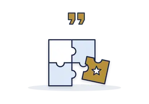 Puzzle with a gold final piece about to fit in, under gold quotation marks
