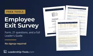 employee exit survey form and Leader's Guide pages fanned out, with the Exit Trends Sheet in front