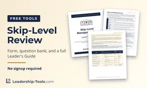 skip-level review form and Leader's Guide pages fanned out, with the Theme List in front