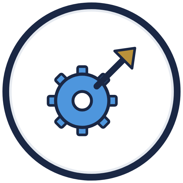 leadership vs management icon: a gear with an arrow heading up and out