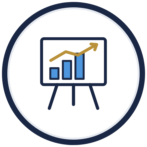sales training programs icon: an easel with a rising gold trend line