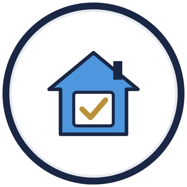 teach coach expect icon: a house with a gold check mark