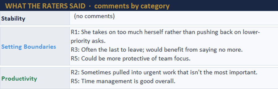 Example Summary Comments from Rate Surveys Sample "What the Raters Said" view from the Leadership 360 Composite Results, showing anonymous rater comments grouped by leadership category.