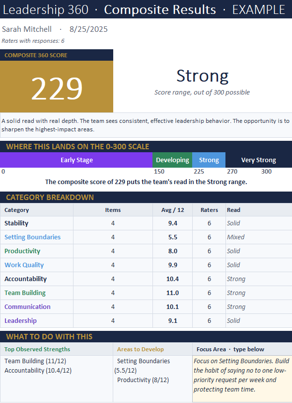 Example Composite Results Report Sample Leadership 360 Composite Results dashboard showing a composite score of 229, category breakdown across eight leadership skills, and recommended focus area.