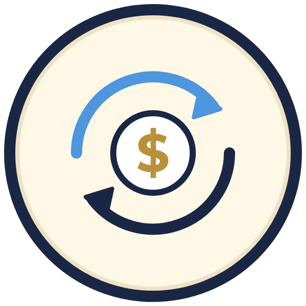 daily cash flow template icon: money flowing in and out around a dollar coin
