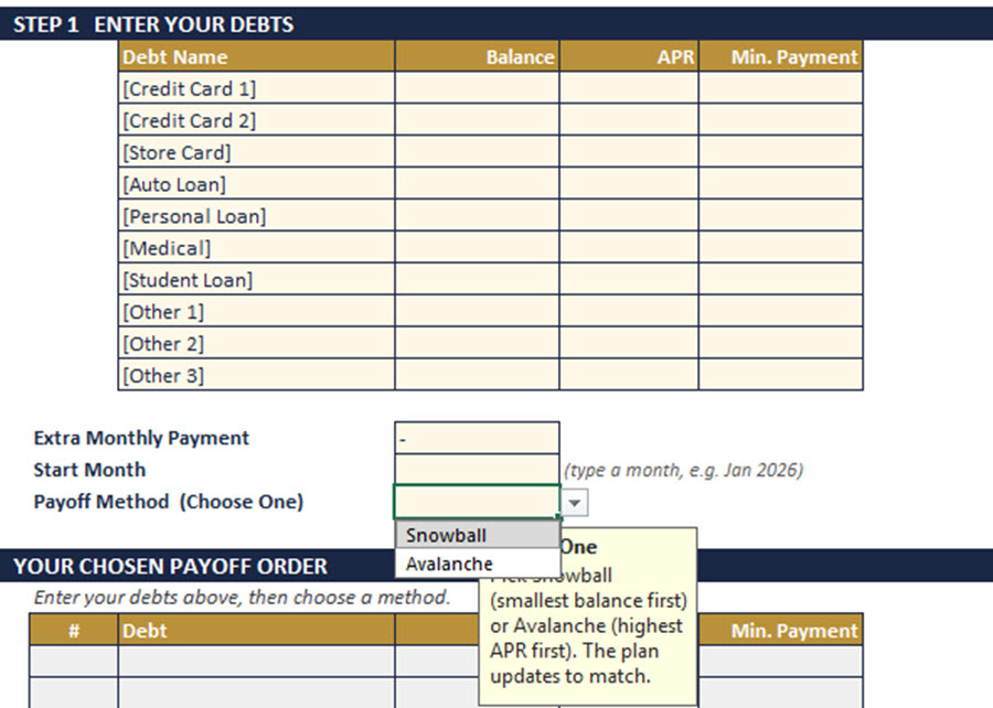 Blank debt snowball calculator template showing where to enter debt name, balance, APR, and minimum payment