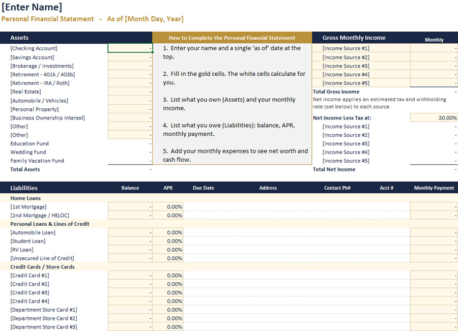 Personal Financial Statement Template | Leadership-Tools blank personal financial statement template with assets, liabilities, and monthly income