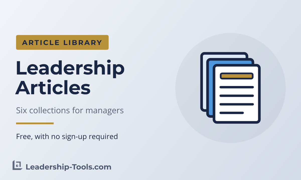 leadership articles hero: a stack of article pages, the top one with a gold heading