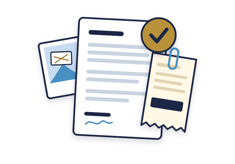 business complaint letter illustration: a letter with a photo and a clipped receipt, marked resolved