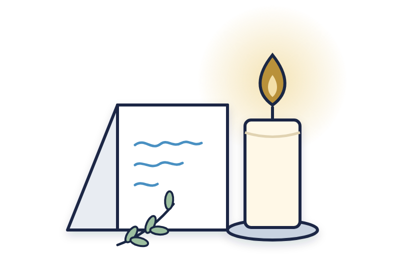 condolence letter illustration: a handwritten sympathy note beside a lit candle