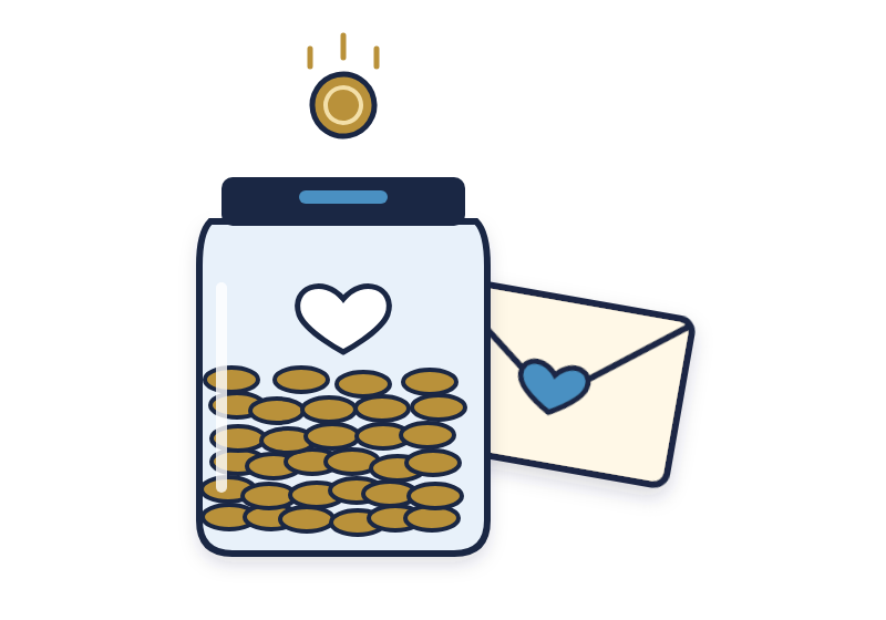 Donation Request Letter | Leadership-Tools donation letter template illustration: a giving jar filling with coins beside a letter sealed with a heart