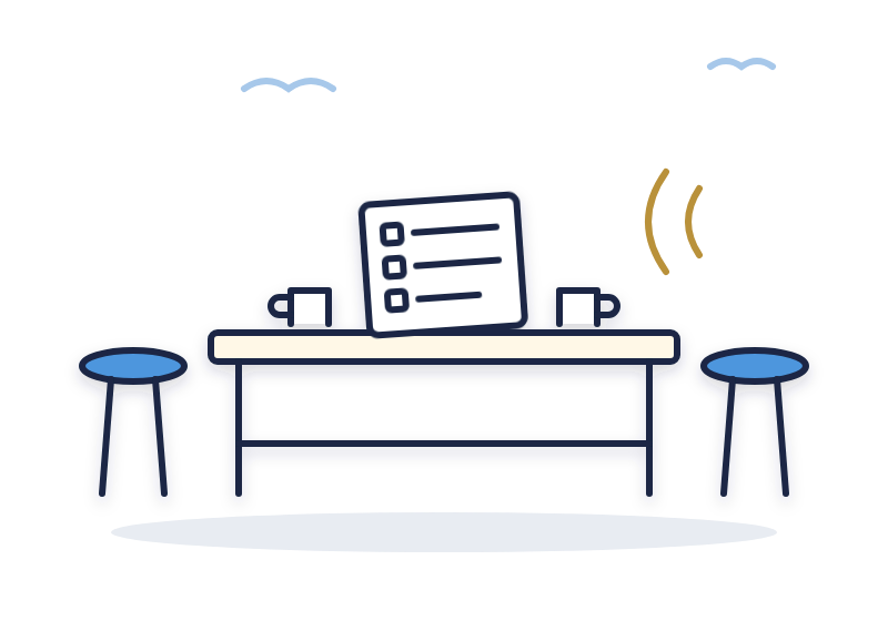 two stools at a workbench with the exit survey between them as the agenda for the owner's conversation