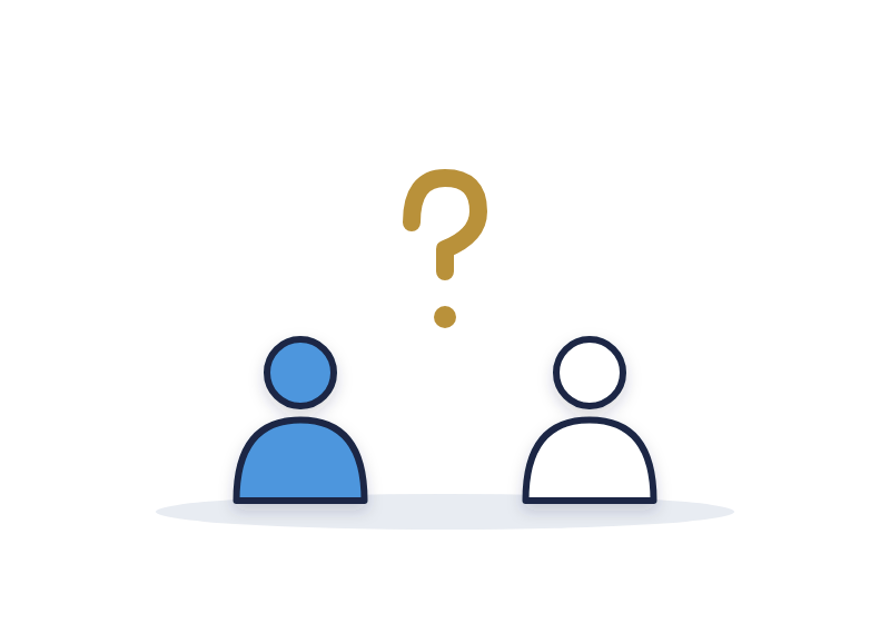 fun team building: two teammates side by side with a gold question mark between them
