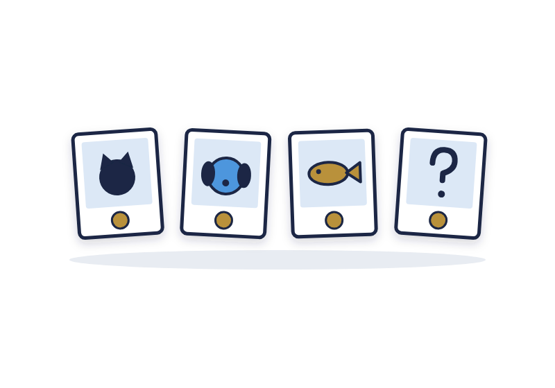 four numbered photo frames, one with a cat, one with a dog, one with a fish and one with a question mark