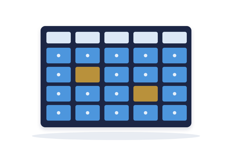 a game board of blue tiles in five columns with two gold tiles turned over