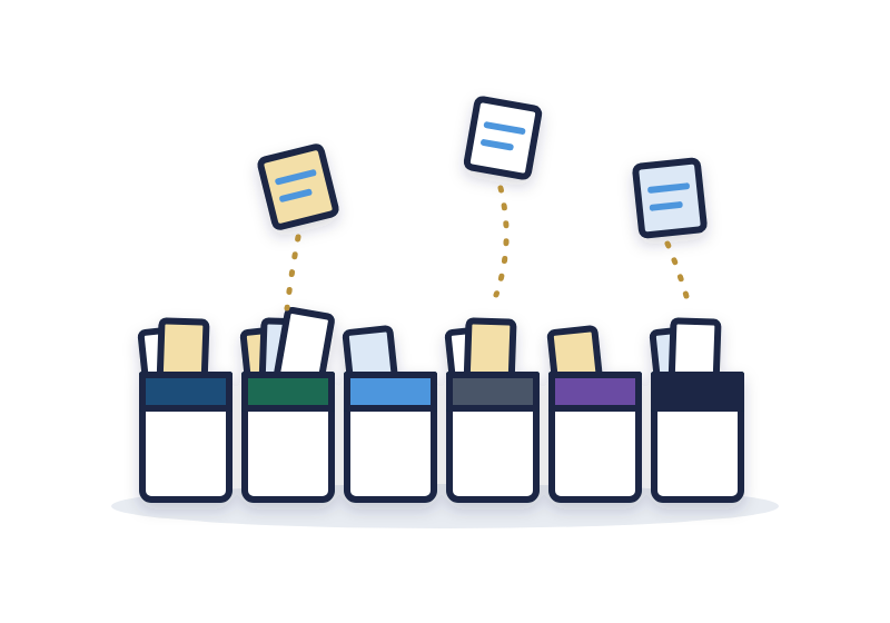 observation cards being sorted into six color-coded pillar trays