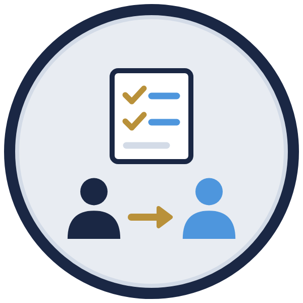 delegation worksheet icon: a task checklist handed from a leader to a team member
