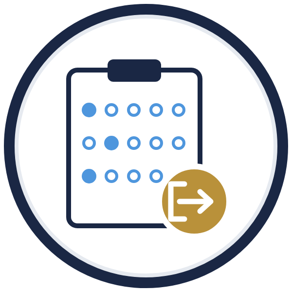 employee exit survey icon: a rating survey clipboard with an exit symbol