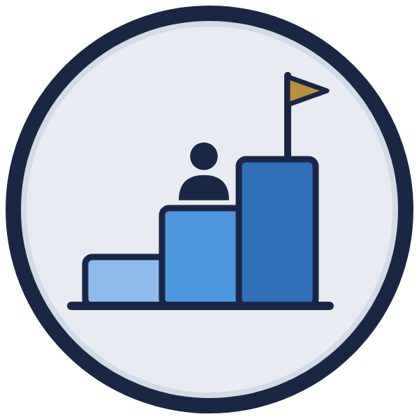 management development icon: a manager climbing development steps toward a goal flag