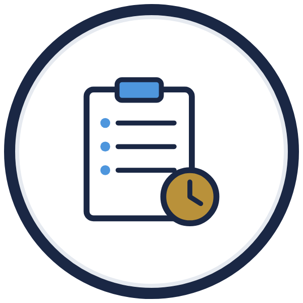 meeting agendas icon: a clipboard with a gold clock