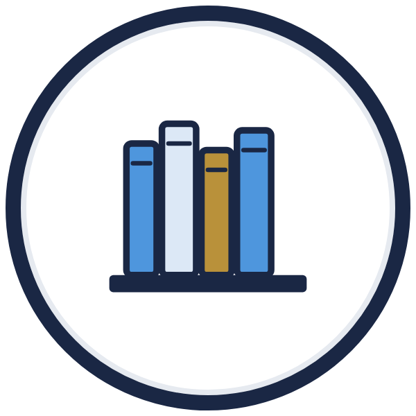 classic leadership library icon: books on a shelf, one with a gold spine
