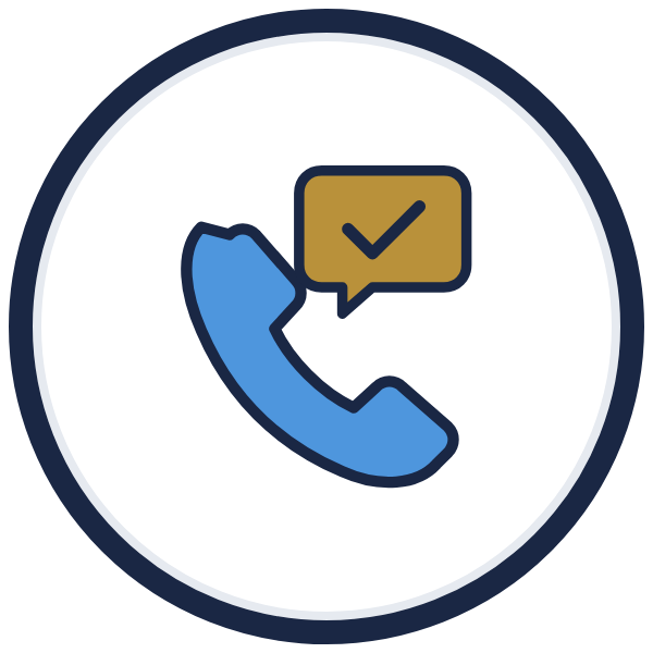 courtesy call scripts icon: a phone with a gold speech bubble and check mark