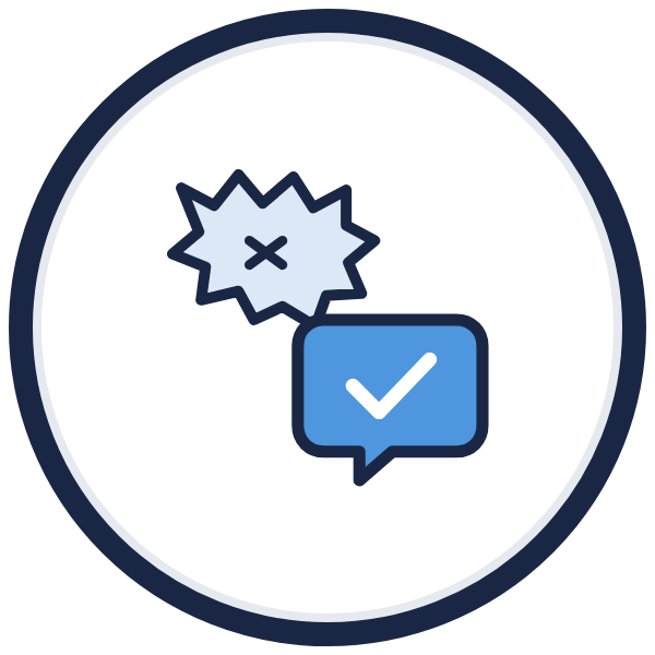 angry customers icon: a jagged speech bubble beside a calm one with a check mark