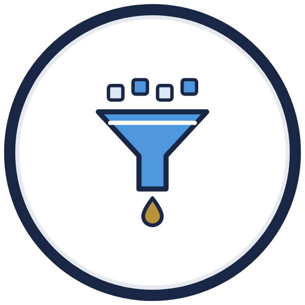 information management icon: a funnel with a gold drop