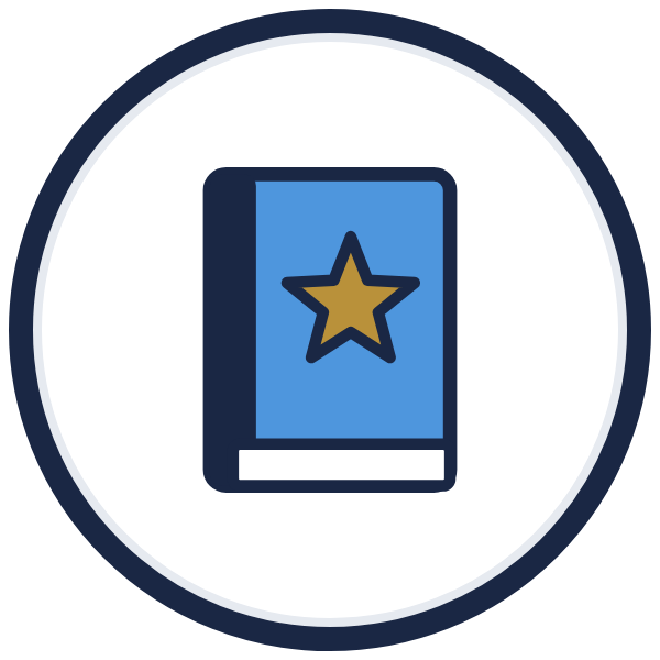leadership book reviews icon: a book with a gold star on the cover
