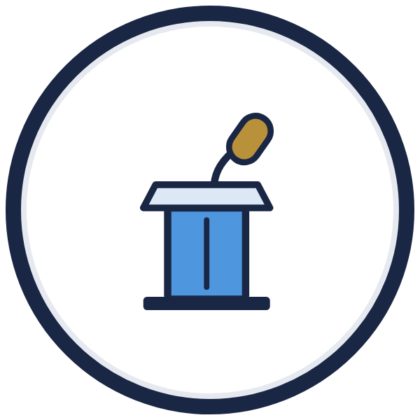 leadership speeches and interviews icon: a lectern with a gold microphone