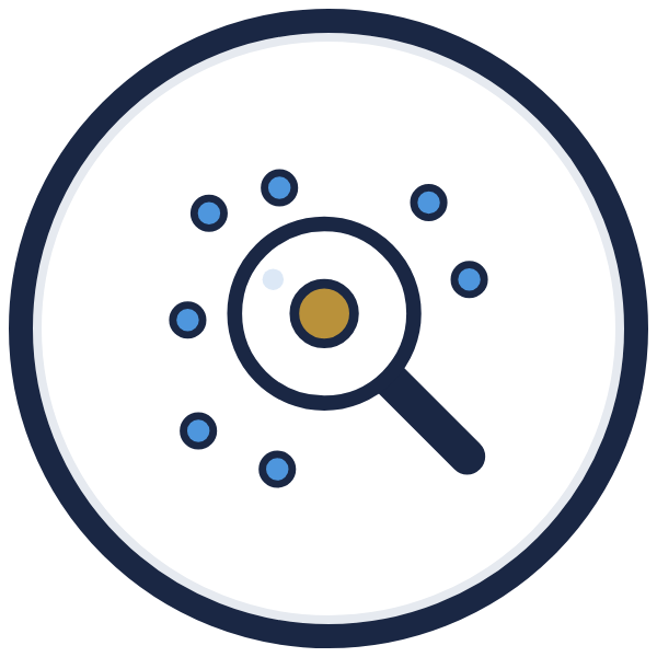 market niche icon: a magnifying glass over a gold dot