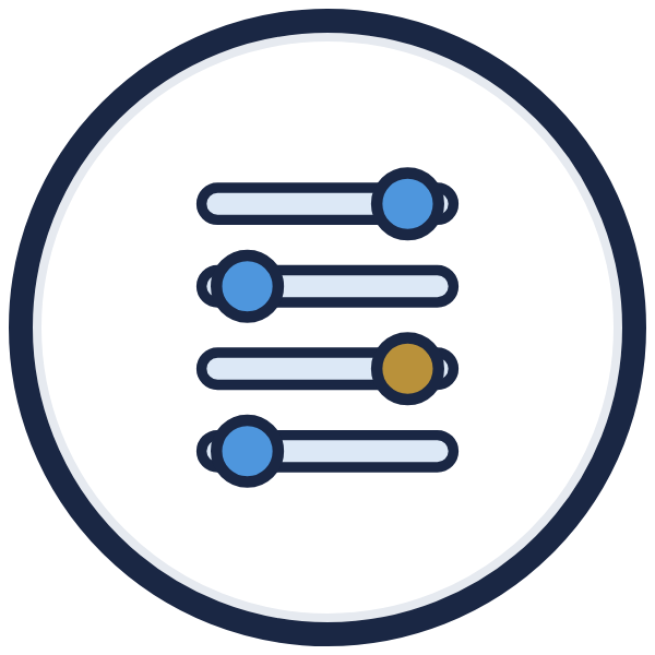 myers-briggs assessment icon: four preference sliders, one knob gold