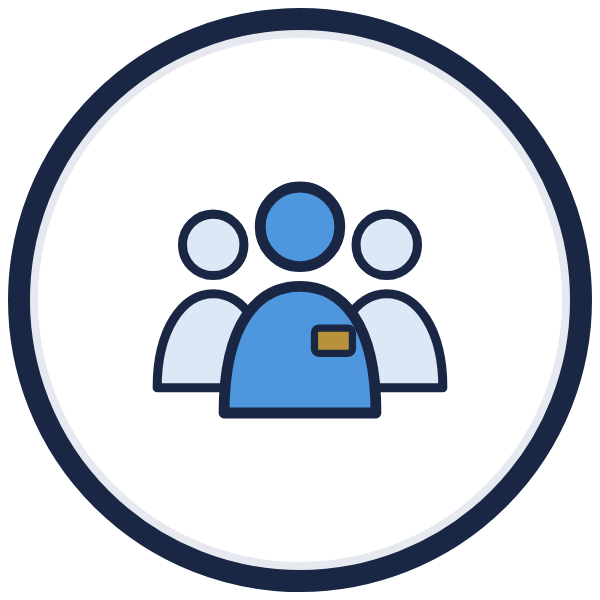 small business associations icon: three people, one with a gold name tag