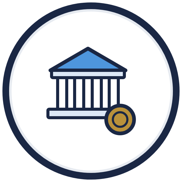 small business funding icon: a bank with a gold coin