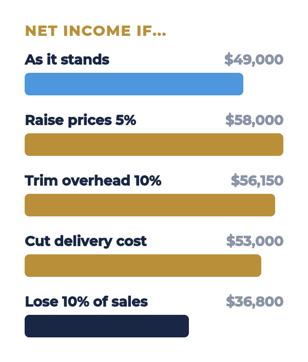 net income of $49,000 compared with raising prices, trimming overhead, cutting delivery cost, and losing ten percent of sales
