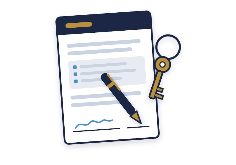employment letter template illustration: a signed job offer letter with a pen and office keys