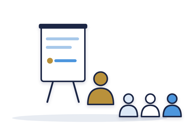 leadership team building activity: a team member standing at a flip chart leading a discussion while the team and leader sit and listen