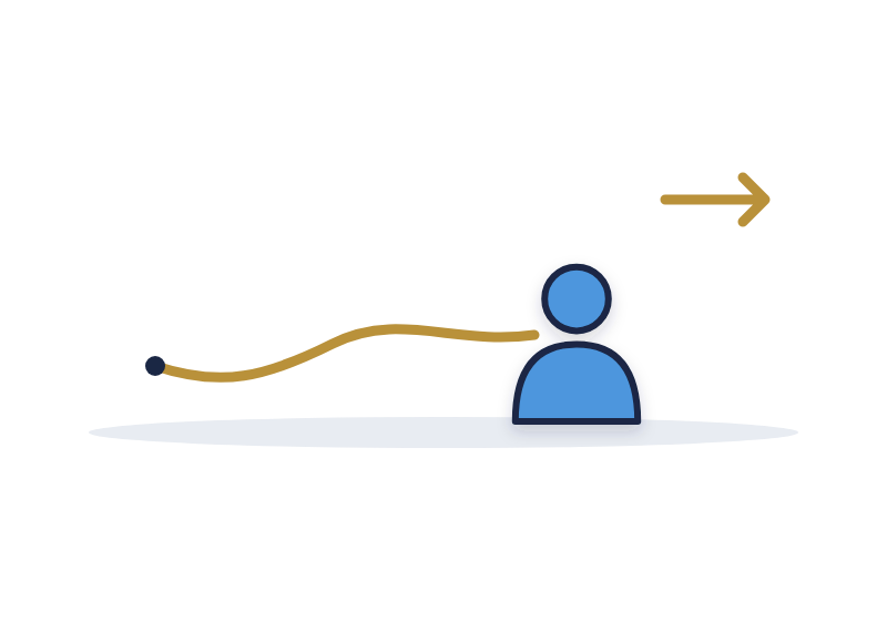 a figure walking forward pulling a rope that trails smoothly behind, with a gold arrow pointing ahead