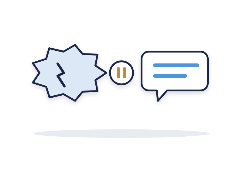 two speech bubbles, a jagged one beside a calm one, with a pause symbol between them
