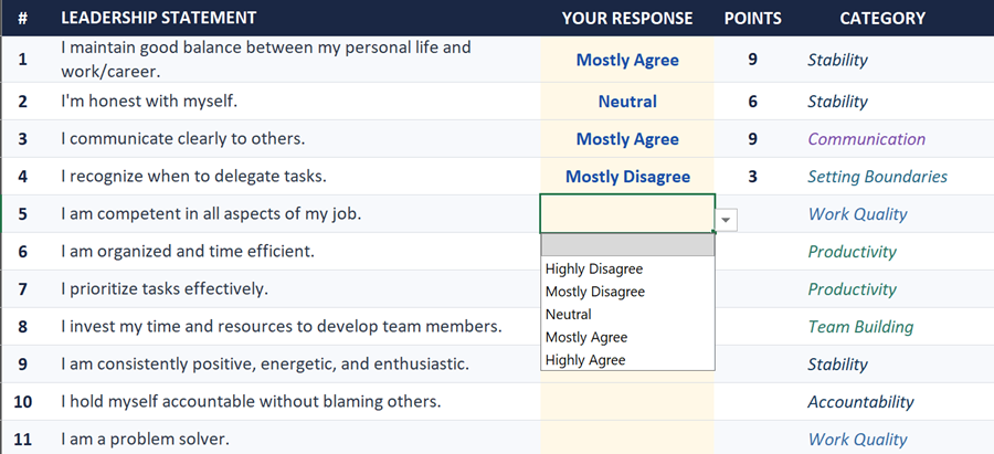 Leadership Assessment — Your Response dropdown Leadership Assessment Excel tool — dropdown response selection for each statement