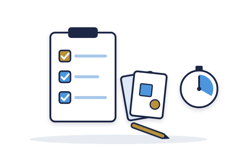 a clipboard checklist beside drawing cards, pens and a timer laid out for a team building session