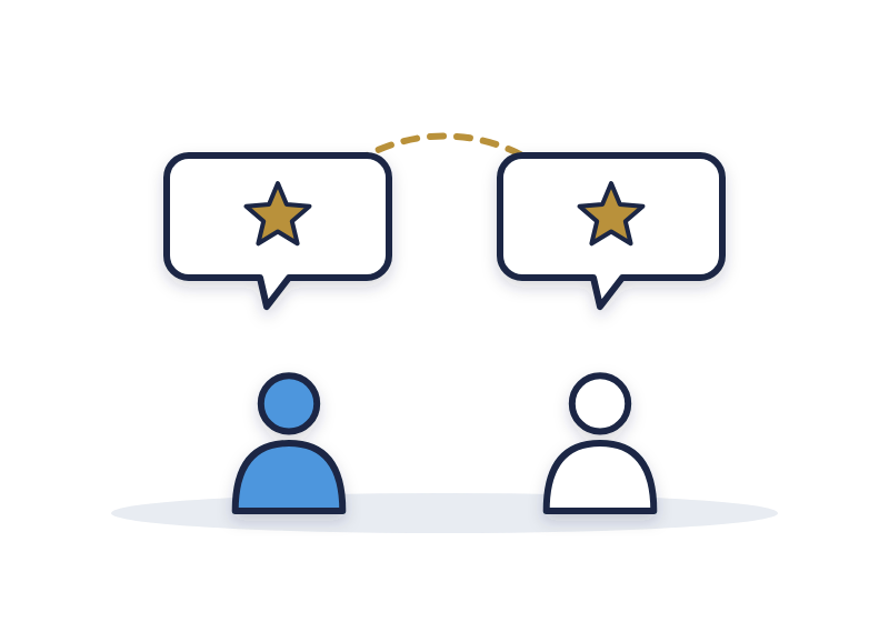 two teammates discovering a shared interest, shown as matching symbols in their speech bubbles joined by a gold line