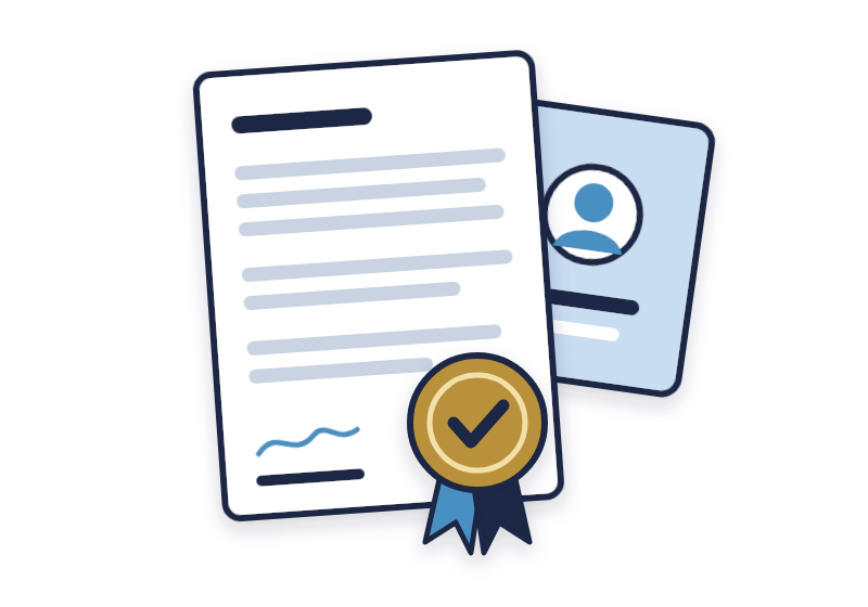letter of recommendation template illustration: a signed letter with a gold seal of approval beside a profile card