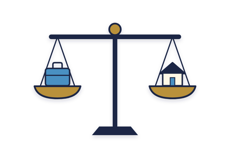 life balance wheel illustration: a scale holding work and home in balance